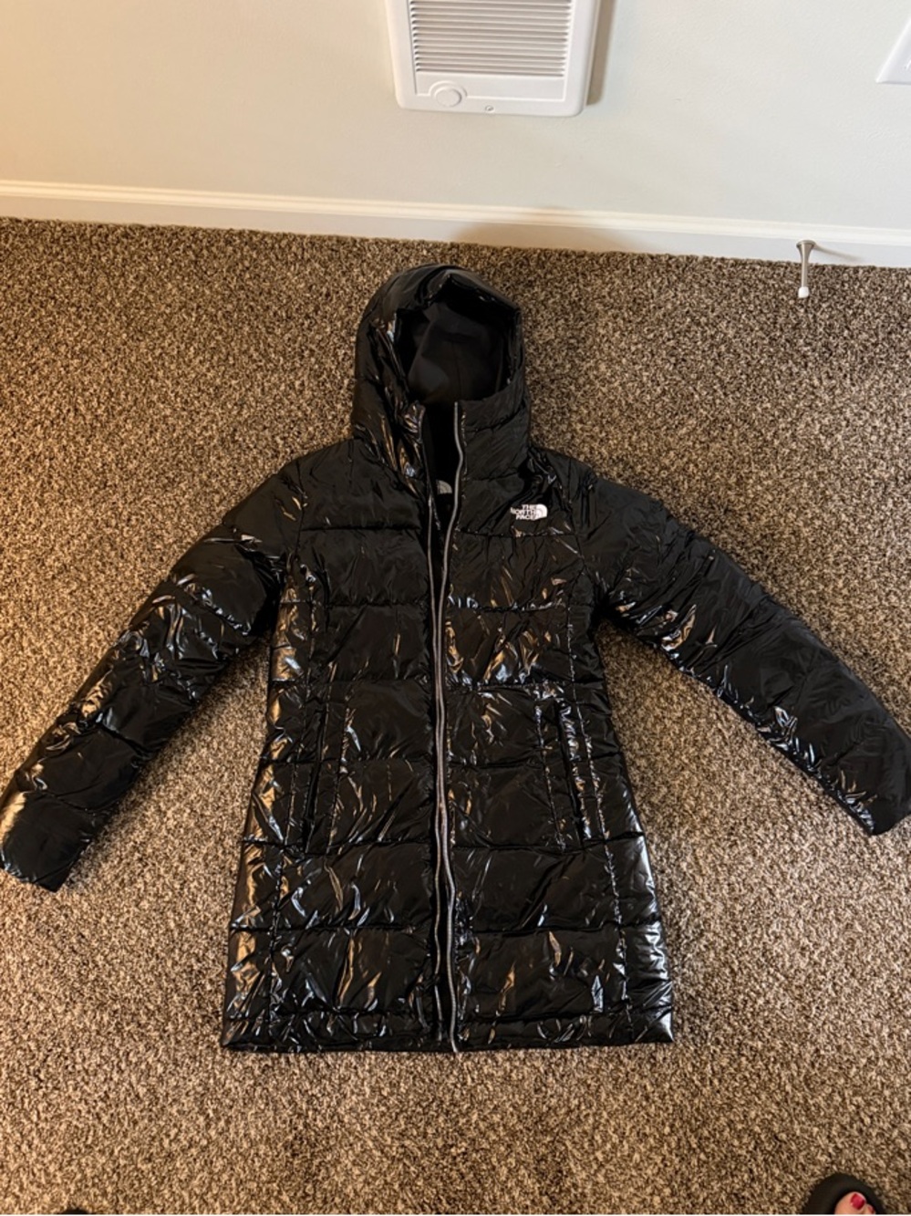 The North Face Black Glossy Quilted Hooded Puffer Coat